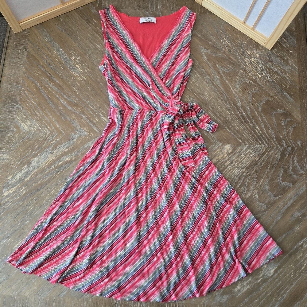 Bailey 44 XS Red (coral?) Stripe Faux Wrap Dress Soft Stretch Rayon Knit Holiday